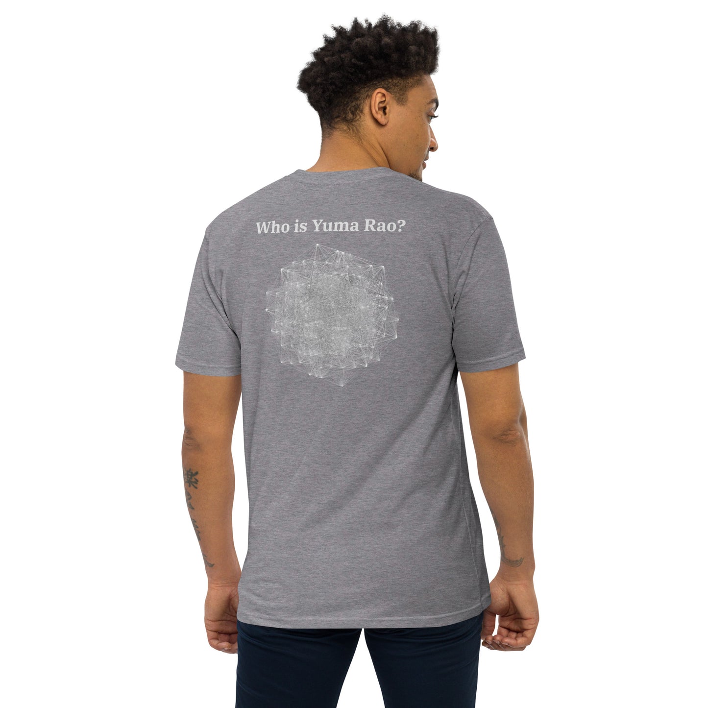 Who is Yuma Rao? Men’s premium heavyweight tee (no front pocket, white printing)